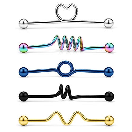 Ruifan 5PCS Industrial Barbell Earring Stainless Steel 14 Gauge Cartilage Earring Body Piercing 1 1/2 Inch(38mm)- Coil, Wave, Twister, Spiral,Heart(Mix Color 1#)