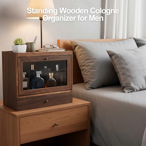 Image of Cologne Organizer for Men,Perfume Stand Holder,Cologne Shelf, Solid Wood Cologne Stand with Drawer Storage and Clear Window,Organizador de Perfumes,Perfume Stand Organizer,Brown