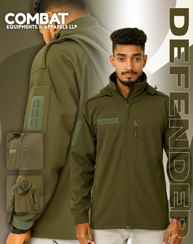Image of Defender Military Tactical Jacket, Olive Green, Full-Zip Hooded Design with Multiple Pockets, Outdoor Combat Style