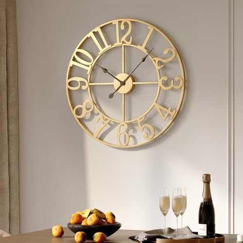 Cuspin Gold Wall Clock 16 Inch, Decorative Wall Clocks Battery-Operated, Modern Metal Round Clock Silent Non Ticking for Living Room Kitchen Mantel Bedroom Office, Gold Wall Decor, Arabic Numerals