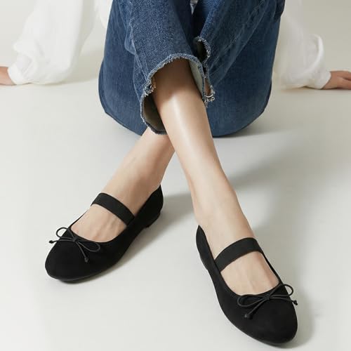 Image of Trary Flats for Women Closed Round Toe Ballet Flats Mary Jane Shoes Women with Elastic Strap Cute Bowknot Comfortable Dress Shoes for All-Year Daily Work Casual Wear