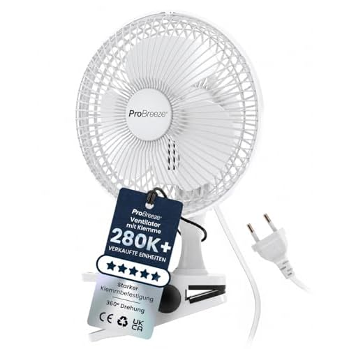 Pro BreezeTM Mini Ventilator mit Clip, sehr leiser Betrieb, 20 cm Durchmesser, 2 Geschwindigkeitsstufen - ideal als Tischventilator