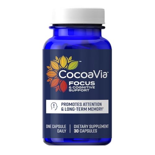 CocoaVia Memory & Focus Brain Supplement, 30 Day, Cocoa Flavanol Blend, Lutein, Added Caffeine for Boost. Improve Cognitive Function, Attention, Vegan & Plant Based, 30 Capsules