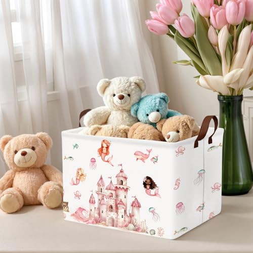 Image of Cute Rectangle Baby Girl Gift Basket Toy Storage Bin Nursery Playroom Bedroom Decor (Pink Castle)