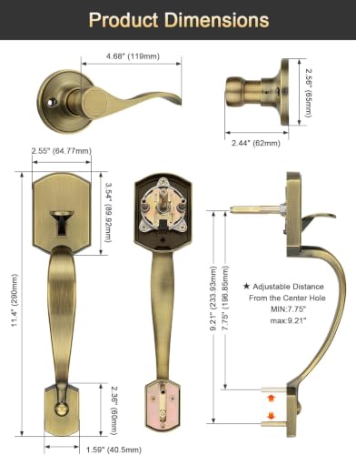 Image of Tinewa Antique Brass Front Door Handle,Upgated Entry Door Handle with Accent Wave Door Lever,Single Cylinder Front Door Handleset for Home Security