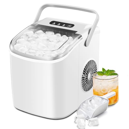 ZAFRO Ice Maker Countertop, Portable Ice Maker Machine with Handle and Ice Bag, Self -Cleaning Ice Maker, Makes up to 26LBS/24H, 9 Cubes in 6 mins Decor for Camping/Homehouse/Kitchen(White)