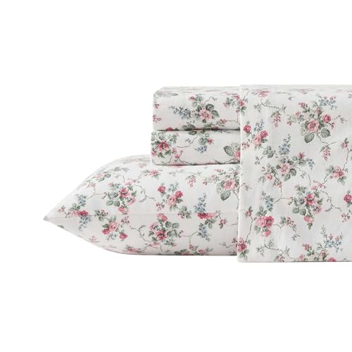 Image of Laura Ashley - Flannel Sheets Full Size, Anti-Pilling & Wrinkle Resistant Cotton, Touchably Soft for All-Season Comfort - Bed Sheets with Matching Pillowcases & Fitted Sheet (Le Fleur Pink)