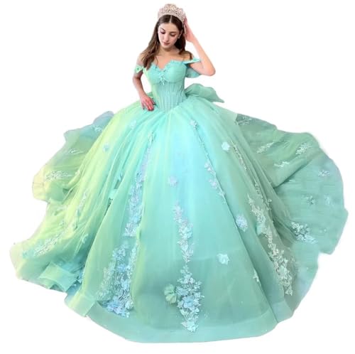 Mauuwy Elegant Vestidos De 15 Anos Mint Green Quinceanera Dresses 2024 3D Lace Applique Beaded Off The Shoulder Sweet 16 Prom Gowns with Bow Size 22 Plus