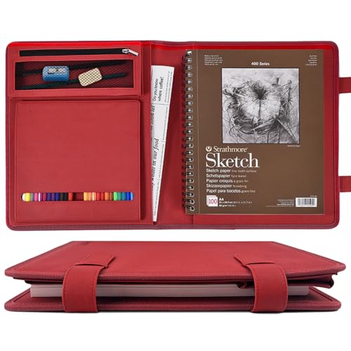Plinyvel Leather Sketchbook Cover for 9x12 - Travel Portfolio Case with Storage, Holds Large Sketch Book & Spiral Pad | All-in-One Artist Organizer with Pencil Holder (Red)