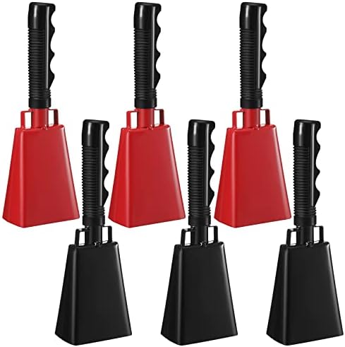 6 Pcs 10 Inch Cowbell with Handle Cheering Bell for Sports Events Large Noise Makers Cowbells Loud Cowbell Bulk for Football Games Party Chimes Percussion Musical Instruments (Black, Red)