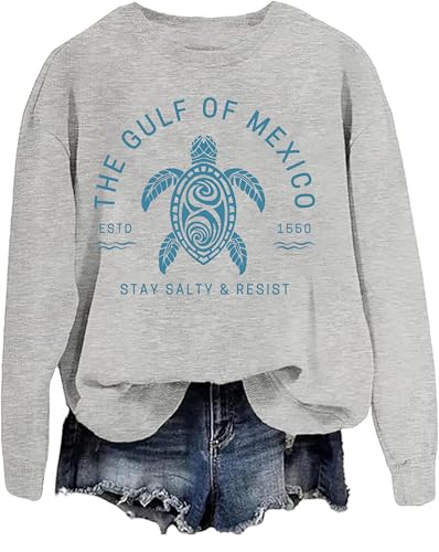 Golfo de México Stay Salty and Resist Sudadera de manga larga con diseño de tortuga marina para hombre y mujer, gris, L