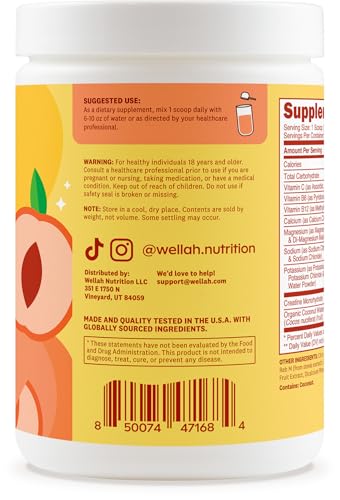 Image of Wellah Creatine + Electrolytes Powder (Peach Mango) 30 Servings - Hydration Drink Mix with 3g of Creatine Monohydrate