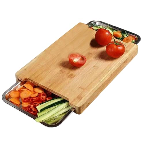 CAKEEYUM Planche à découper avec Plateau, Planche à découper en Bambou Naturel avec Plateau Coulissant antiadhésif, Outils de Cuisine Pratiques pour Couper, hacher et sculpter Le Bambou, B