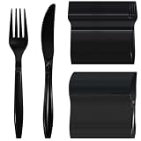 200-teiliges wiederverwendbares -Set – 100 Messer + 100 Gabeln, schwarz, stabil, spülmaschinengeeignet, für Partys, Grillfeste, Hochzeiten & Buffets