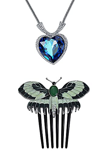 Titanic Rose Heart of the Ocean Hairpin set, Silver Crystal Necklace Pendants Jewelry Butterfly Hair Comb Cosplay Costume