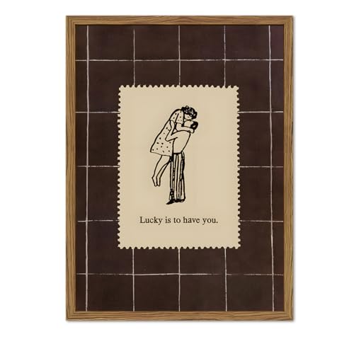Romantic Couples Wall Art, Vintage Bedroom Wall Decor Mid Century Modern Lucky Is to Have You Sign Retro Love Stamp Poster Canvas Print Picture for Bedroom Living Room 12x16 inch Wood Framed