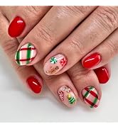 TULOBI Christmas Press on Nails Short Almond Fake Nails Glossy Full Cover Acrylic Nails with Funn...