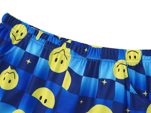 Beezizac Boys Smiling Face Pajamas Blue Checked Check Pattern Coat Style Button Down 2-Piece PJ Set Size 12