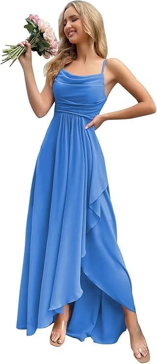 Women's Spaghetti Straps Chiffon Bridesmaid Dresses with Slit for Wedding Cowl Neck Long Bridesamid Dress with Pocket