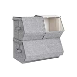 SONGMICS Set of 3 Stackable Storage Bins, Fabric Storage Boxes with Lids, Stackable Storage Cubes with Magnetic Closures, a Semi-Open Front, Lid Can Stay Open after Stacked up, Gray URLB12GYV1