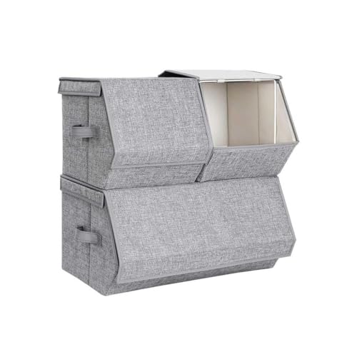SONGMICS Set of 3 Stackable Storage Bins, Fabric Storage Boxes with Lids, Stackable Storage Cubes with Magnetic Closures, a Semi-Open Front, Lid Can Stay Open after Stacked up, Gray URLB12GYV1