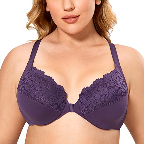 Image of DELIMIRA Women's Front Closure Racerback Bras | Plus Size, Full Coverage, Lace, Underwire, No Padding Unlined