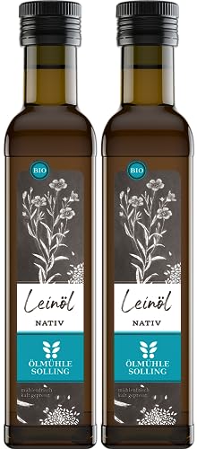 ÖLMÜHLE SOLLING - BIO Leinöl | Täglich mühlenfrisch kaltgepresstes Öl aus Leinsamen. Leinöl mit mildem und nussigem Geschmack. Reich an Omega-3-Fettsäuren | Inhalt: 2x250 ml