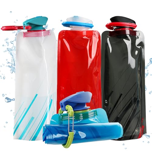 Kyzuzia 4 Stück Faltbare Trinkflasche,Faltbare Flasche für Wandern Abenteuer Reisen,Wiederverwendbare Trinkflasche Zusammenklappbare Trinken-Rot schwarz blau weiß
