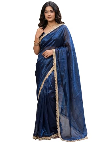 Image of AKHILAM Women's Shimmer Net Solid Saree With Unstitched Blouse Piece