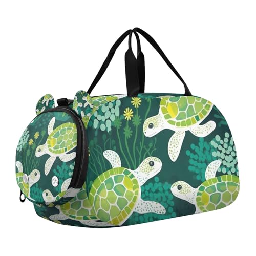 YETTASBIN Sport Travel Duffel Bag for Girls Boys, Green Turtle Large Waterproof Weekender Overnight Bag, Detachable Shoulder Strap Gym Bag with Shoe Compartment & Wet Pocket