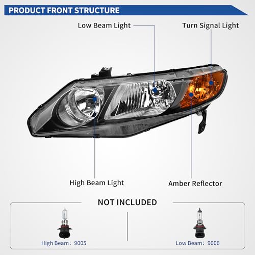 Image of OEDRO Headlight Assembly Compatible with 2006-2011 Civic 4-Door, Headlamp with Black Housing Amber Reflector, Clear Lens