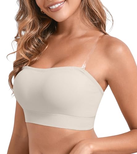 Image of DEANGELMON Strapless Bras for Women Wireless Push Up Non-Slip Bandeau Bra Seamless Clear Straps TubeTop Padded Bralette