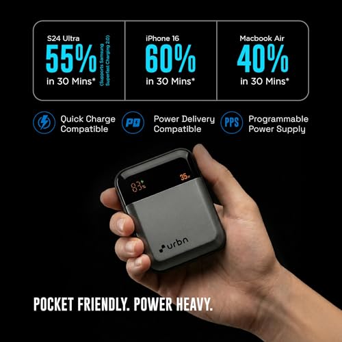 Image of URBN 10000 mAh 35W Mini Volt Power Bank | Dual Output | PD + QC Compatible | Two-Way Fast Charge | Pass-Through Charging | for MacBook Air, iPhone, Samsung, Android & More (Grey)