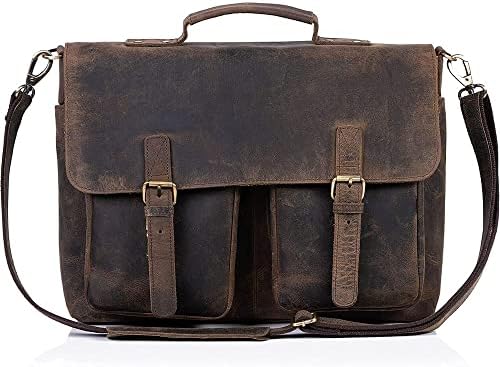 KomalC 15 Inch Retro Buffalo Hunter Leather Laptop Messenger Bag Office Briefcase College Bag