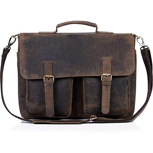 KomalC 15 Inch Retro Buffalo Hunter Leather Laptop Messenger Bag Office Briefcase College Bag