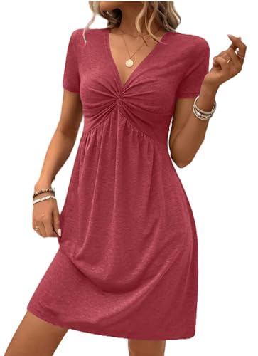 Vestido de algodón de Colores, Manga Corta, Cuello en V, diseño con Nudo en el Pecho y Cintura - Naranja - M