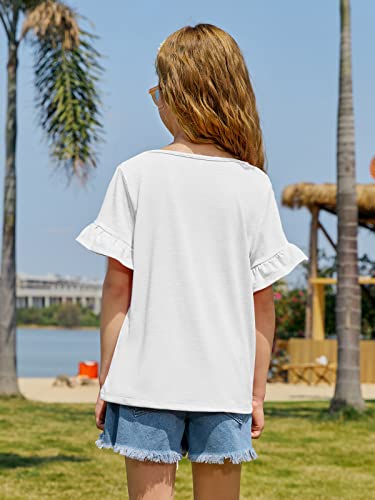 Kingdenergy Girls Summer Cute T Shirt Short Ruffle Sleeve Basic Soft Casual Plain Tunic Tops Tees Z-White #TOP2