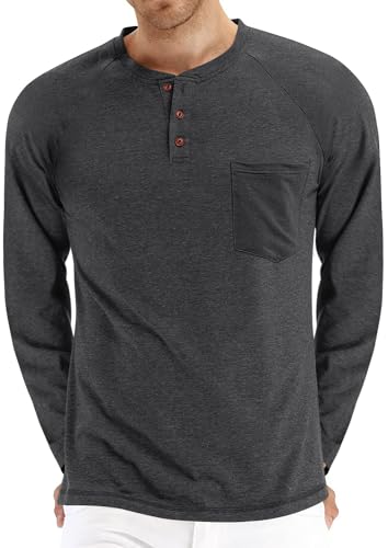 TAOHUADAO Men's Fashion Casual T-Shirts Front Placket Raglan Long Sleeve Henley Shirts with Pocket L, Dark Grey TAOHUADAO Men's Fashion Casual T-Shirts Front Placket Raglan Long Sleeve Henley Shirts with Pocket L, Dark Grey