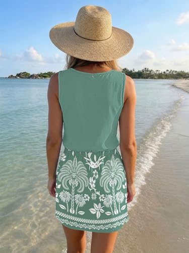 Image of SAUKOLE Womens Summer Causal Loose Sleeveless Crew Neck Drawstring Waist Mini Short Dress with Pockets