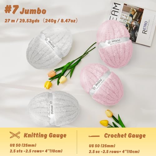 Image of Inhand Chunky Chenille Yarn for Hand Knitting, Thick Bulky Blanket Yarn for Crocheting, Soft Fluffy Yarn for Crochet Gifts & Crafts for Women /Beginners, 8 Pack (29.5 yds /8.4 oz Each), Pink & White