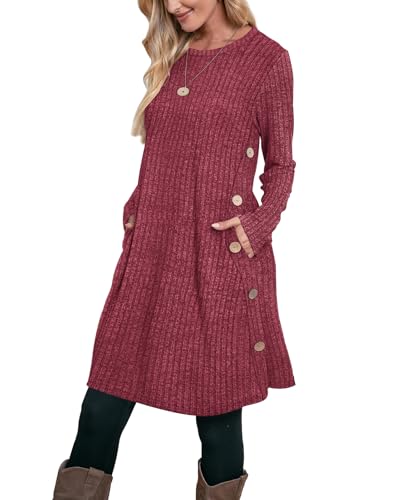 Image of OFEEFAN Long Sleeve Dress for Women Crew Neck Fall and Winter Tunic Dress with Pockets