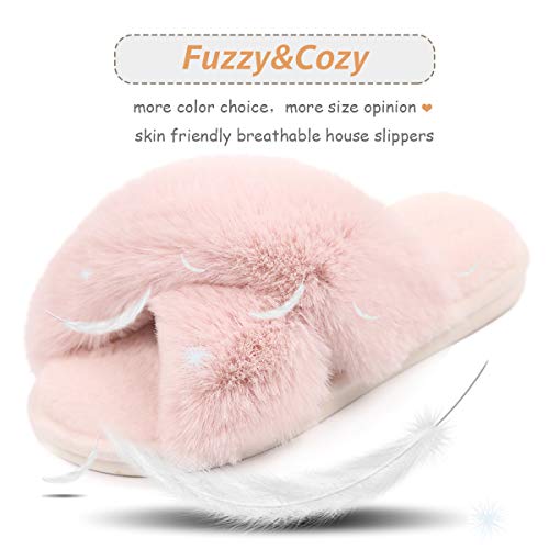 Women Fuzzy House Slippers : Fluffy Open Toe House Shoes - Plush Indoor Outdoor Soft Slides - Cross Band Memory Foam Slippers Pink #TOP2