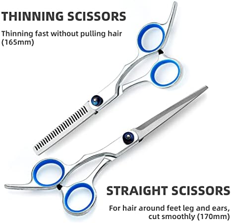 MOPPRO Dog Grooming Kit 5 Pack - Scissors Including a Comb and 4 Clippers, Thinning, Up-Curved, Down-Curved, Straight with Case Small or Large Pets, Cats, Dogs, Blue (CWJDTZF002)