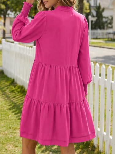 Image of Imily Bela Womens Fall Long Sleeve Tunic Dress Casual V Neck Tiered Dress | Loose,Swing,A-Line,Ruffled Collar,Puff Balloon Sleeve,Smocked Elastic Cuffs,Tiered Layered Ruffle Hem,Babydoll,Loose,Mini