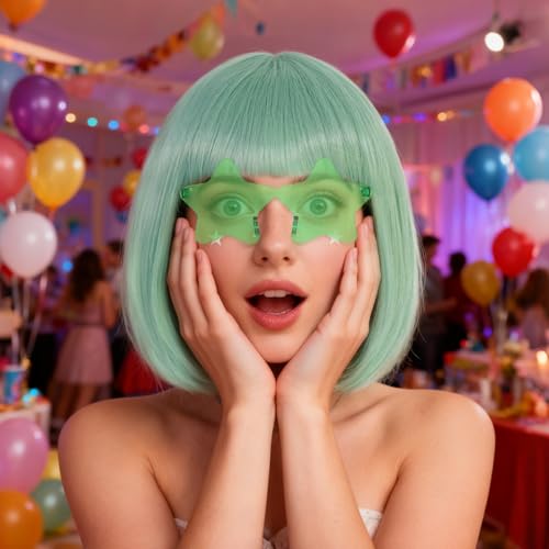 Image of ANOGOL Mint Green Bob Wig with Bangs Green Wigs for Women Colored Wigs | Hair Cap+ Sunglasses Short Neon Wig for Bachelorette Party Funny Outfit for Women Halloween Christmas Costume St Patrick Day