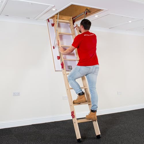 BPS® Grand Wooden Loft Ladder | Extra Large Treads | Double Spring Assisted | Massive 200kg Weight Rating | EN14975 Certified | 1280mm x 700mm Floor to Ceiling Heights up to 2.8m