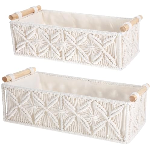 Kifmurase Macrame Storage Baskets 2PCS, Boho Woven Decorative Basket for Organizing with Handle, Countertop Toilet Paper Storage Container for Tank Bedroom Nursery Livingroom Entryway(White)