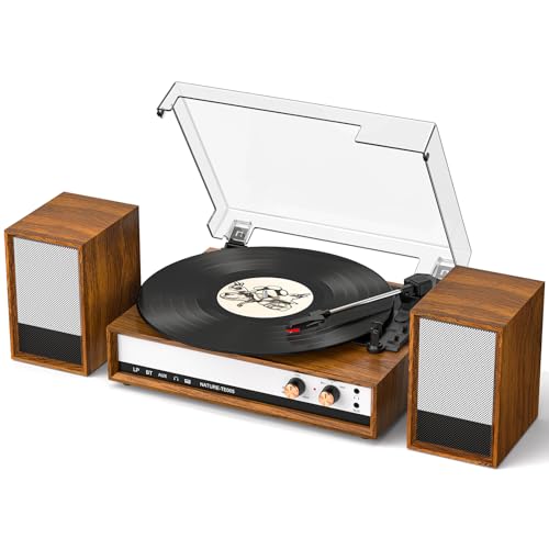 Vintage Vinyl Record Player with Bluetooth, 3-Speed Belt Drive Turntable with External Speakers, Vinyl to PC Recording, RCA Output, AUX in & Headphone Jack, Vintage Walnut