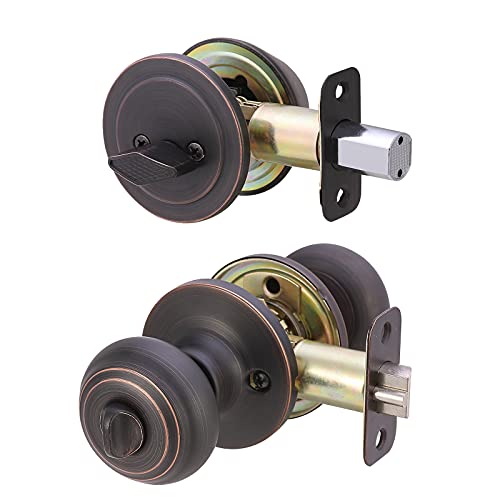 Image of Amazon Basics Keyed Alike Exterior Knob with Key Lock and Deadbolt, Classic, Oil Rubbed Bronze, Set of 2