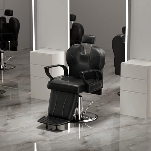 Joiemebi Sillón de Peluquería, Silla de Peluquero Hidráulica Reclinable Barber 360° para Peluquerías, Salones de Belleza, 63 x 54 x 92-105 cm, Negro